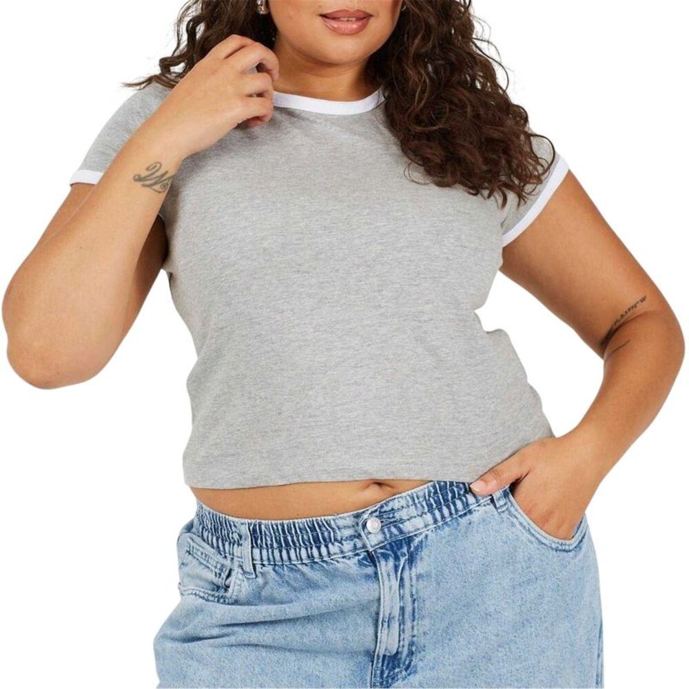 Brave Soul Womens/Ladies Ringer Crew Neck Plus T-Shirt / Gray/White